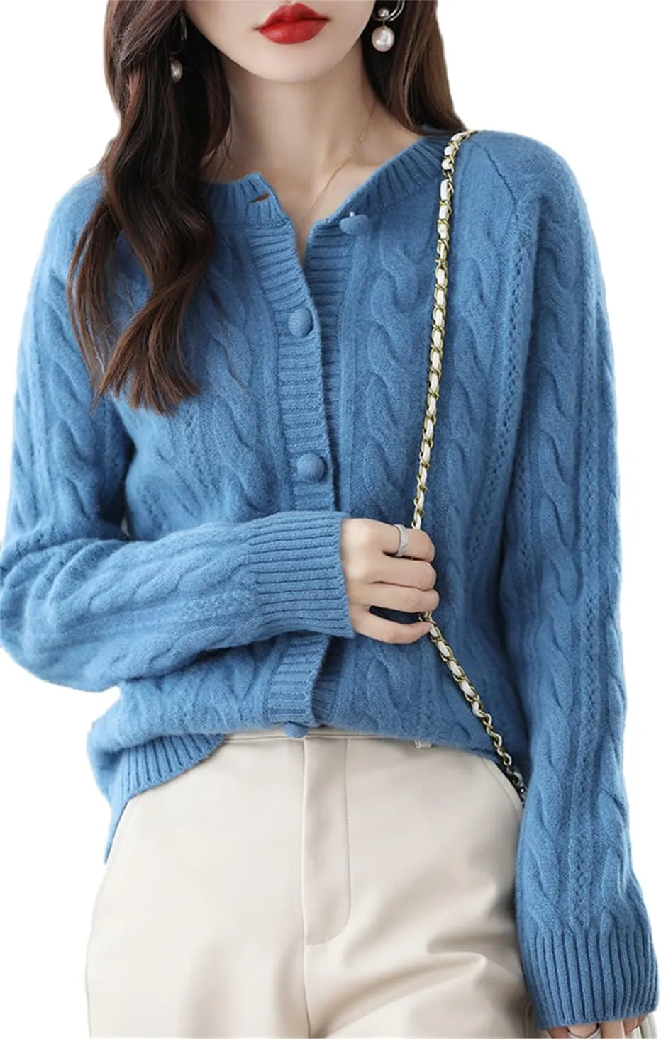 100% Pure Wool Knitted Cardigan Women's V-Neck Loose Cashmere Sweater Coat