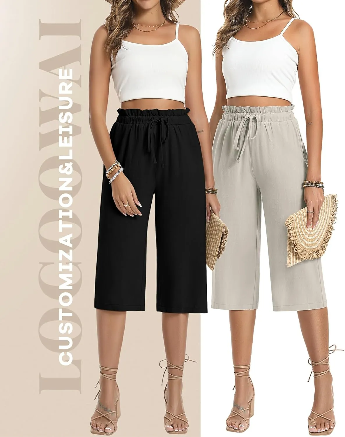 2 Pack Women's Linen Cotton Capri Pants Drawstring High Waisted Loose Wide Leg Casual Summer Trousers with Pockets