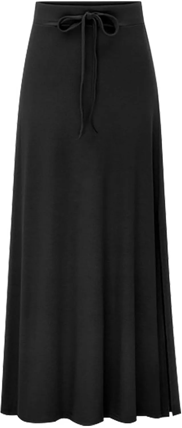 2025 Womens Elastic Waist Maxi Skirt Solid Color Drawstring Pleated Casual Trendy Lightweight Loose Fit Skirts