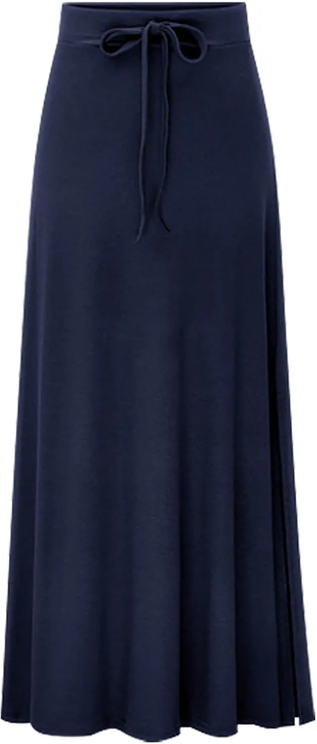 2025 Womens Elastic Waist Maxi Skirt Solid Color Drawstring Pleated Casual Trendy Lightweight Loose Fit Skirts