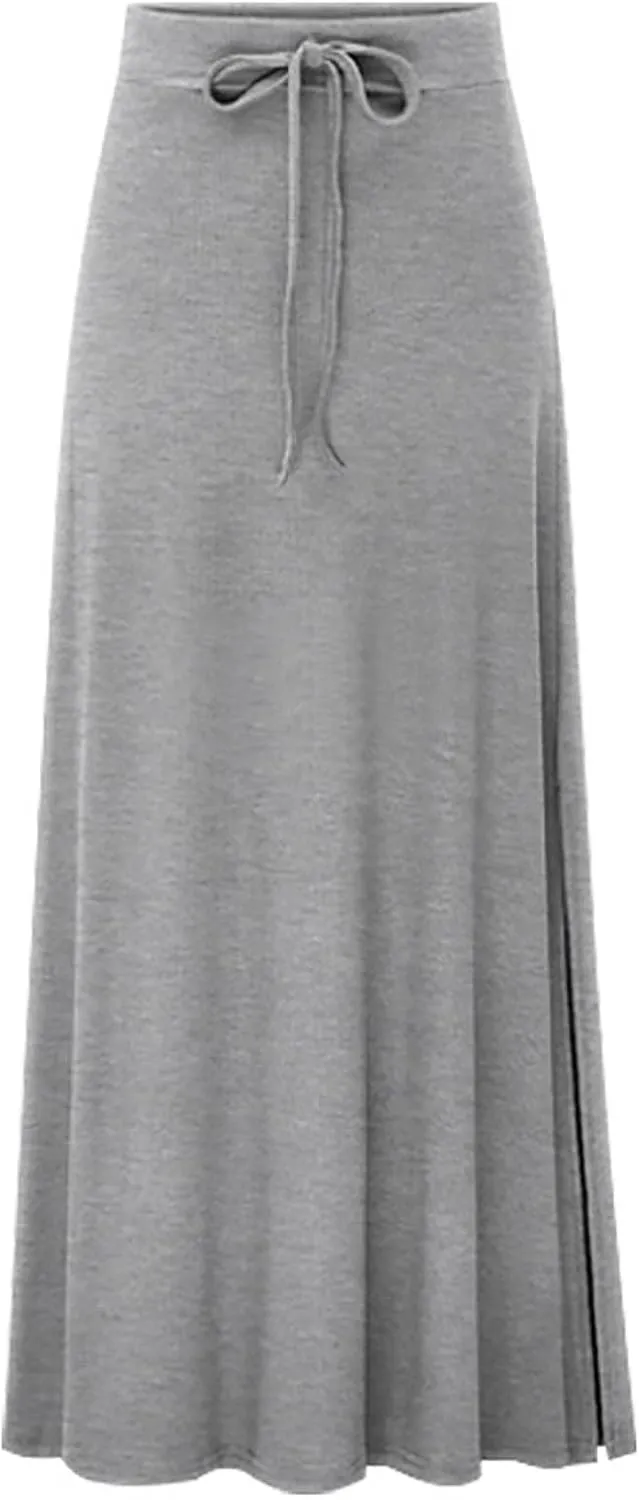 2025 Womens Elastic Waist Maxi Skirt Solid Color Drawstring Pleated Casual Trendy Lightweight Loose Fit Skirts