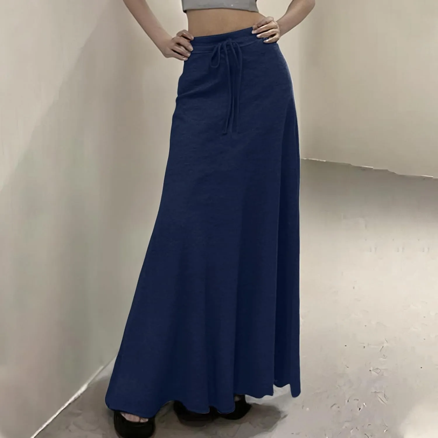 2025 Womens Elastic Waist Maxi Skirt Solid Color Drawstring Pleated Casual Trendy Lightweight Loose Fit Skirts