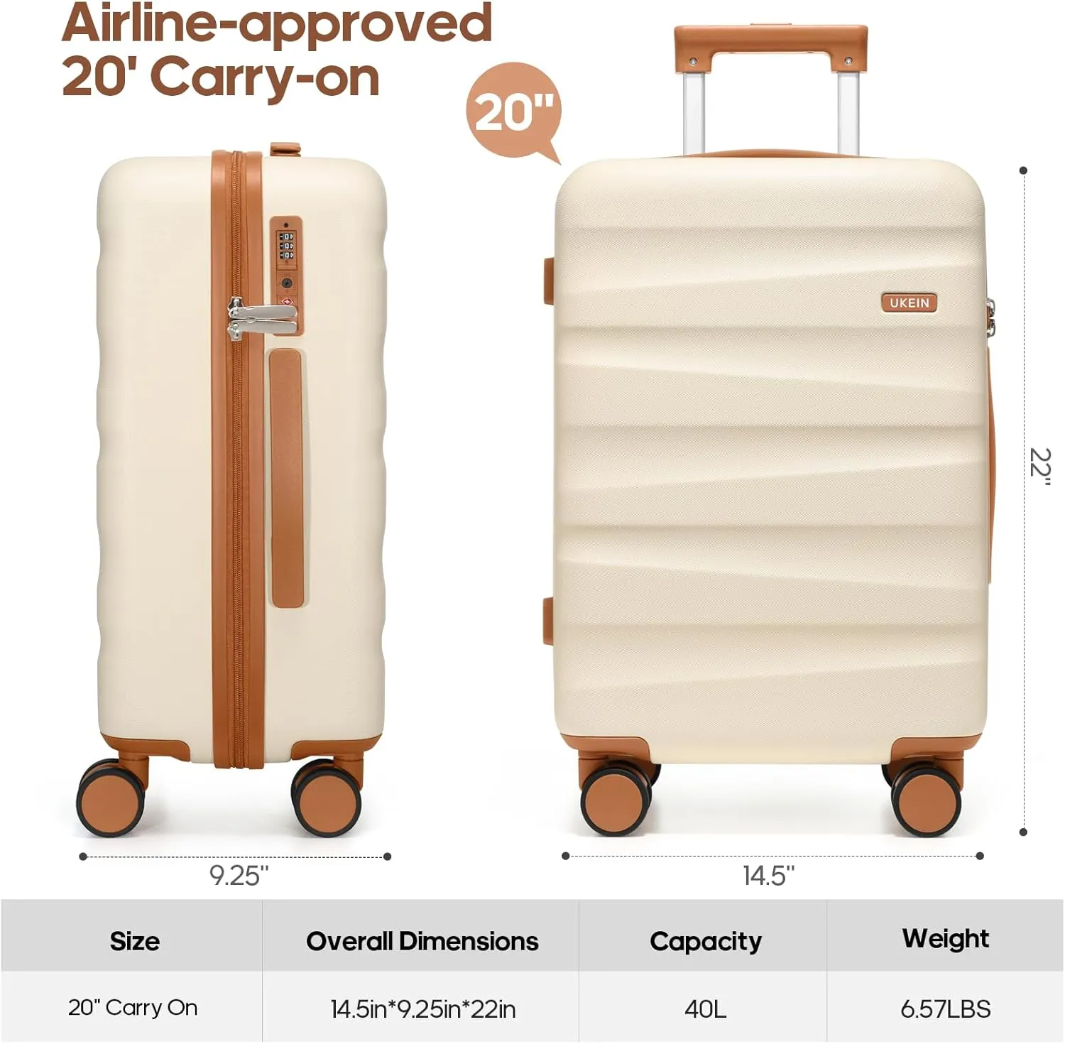 20Inch Carry-On Luggage, Lightweight PC HardShell Suitcase with 360 Spinner Wheels, TSA-Approved, Durable Airline Approved Rolling Luggage with Telescoping Handle, Ideal for 3-4 Day Travel