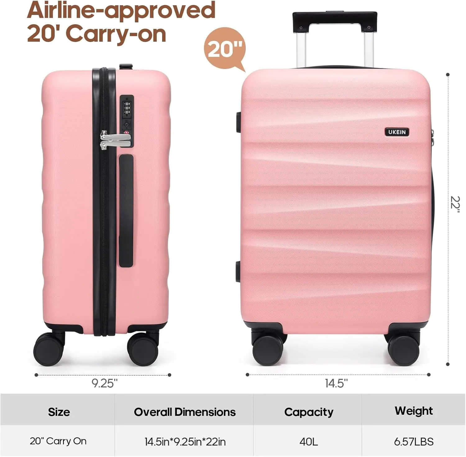 20Inch Carry-On Luggage, Lightweight PC HardShell Suitcase with 360 Spinner Wheels, TSA-Approved, Durable Airline Approved Rolling Luggage with Telescoping Handle, Ideal for 3-4 Day Travel