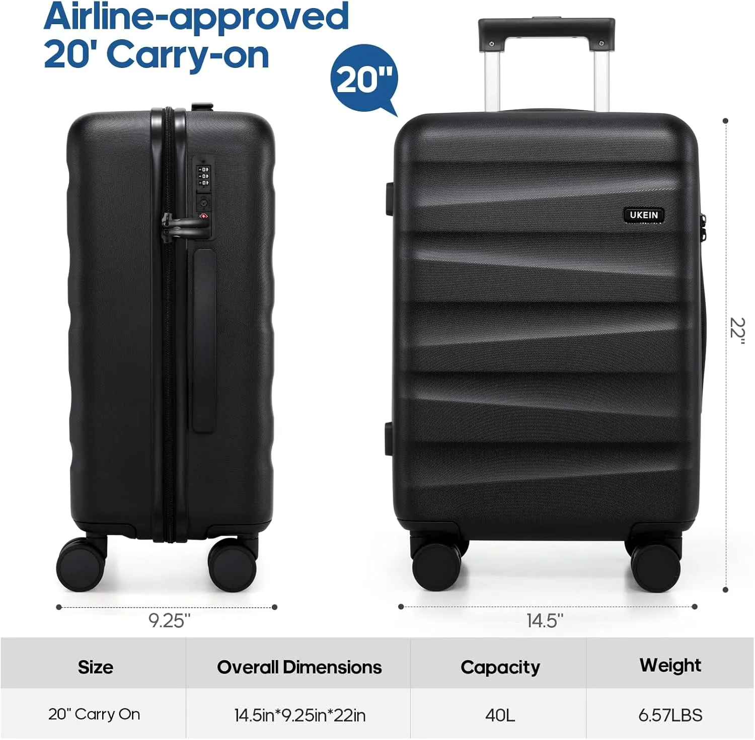 20Inch Carry-On Luggage, Lightweight PC HardShell Suitcase with 360 Spinner Wheels, TSA-Approved, Durable Airline Approved Rolling Luggage with Telescoping Handle, Ideal for 3-4 Day Travel