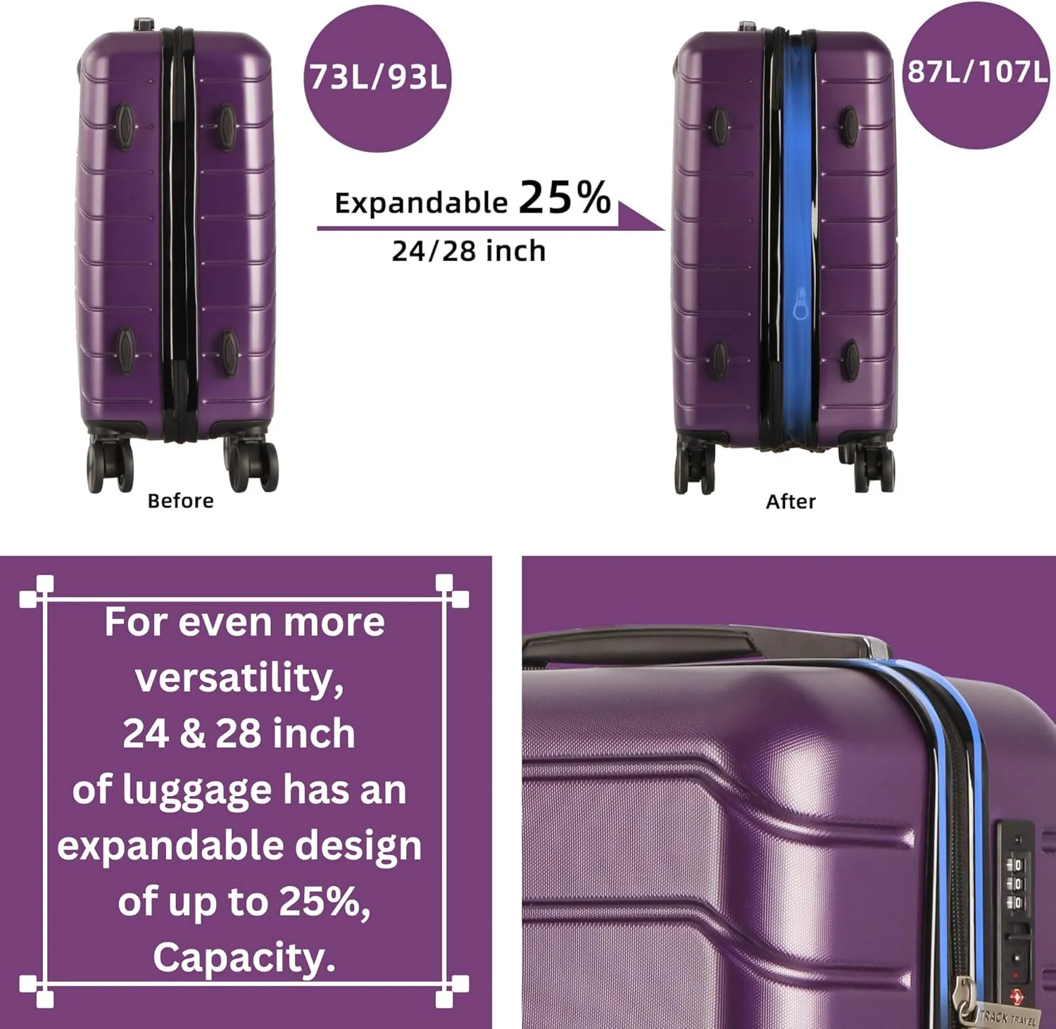 3 Piece Luggage Set ABS PC Expandable Hardshell TSA Lock Aluminum Trolley Spinner Wheels (Purple, 6 Piece Set)