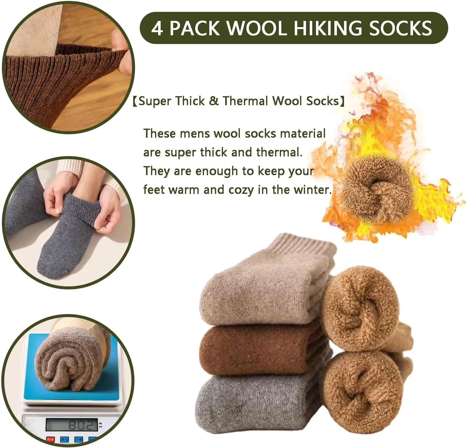 4 Pairs Wool Socks Mens,Cozy Crew Hiking Socks, Super Thick Mens Hiking Socks Thermal Wool Socks for Cold Weather(Gray)