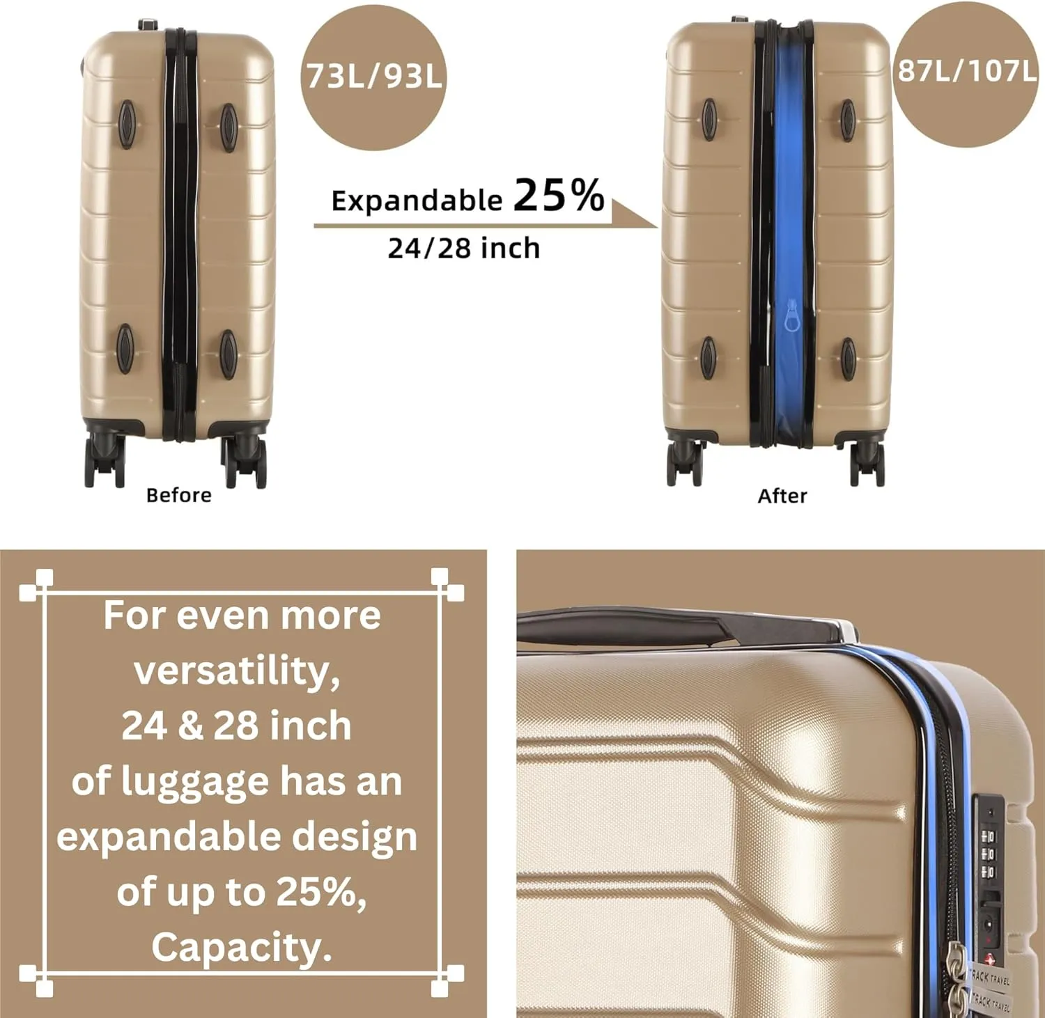 4 Piece Luggage Set ABS PC Expandable Hardshell TSA Lock Aluminum Trolley Spinner Wheels (Champagne, 7 Piece Set)