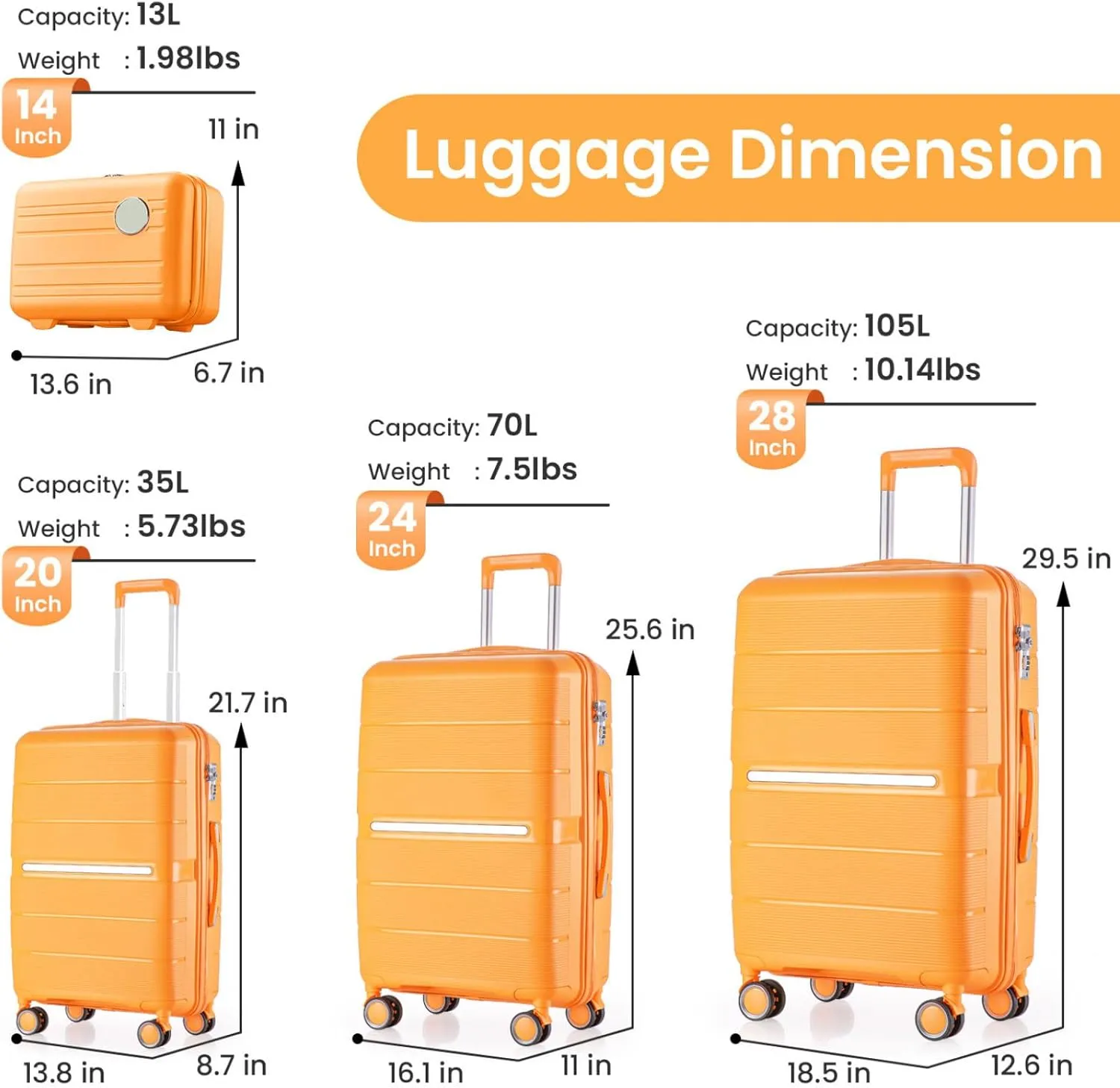 4 Piece Luggage Sets,Hardshell Lightweight Suitcase with Spinner Wheels & TSA Lock,Expandable Carry On Luggage Set,Travel Luggage Set for Women Men Family Orange