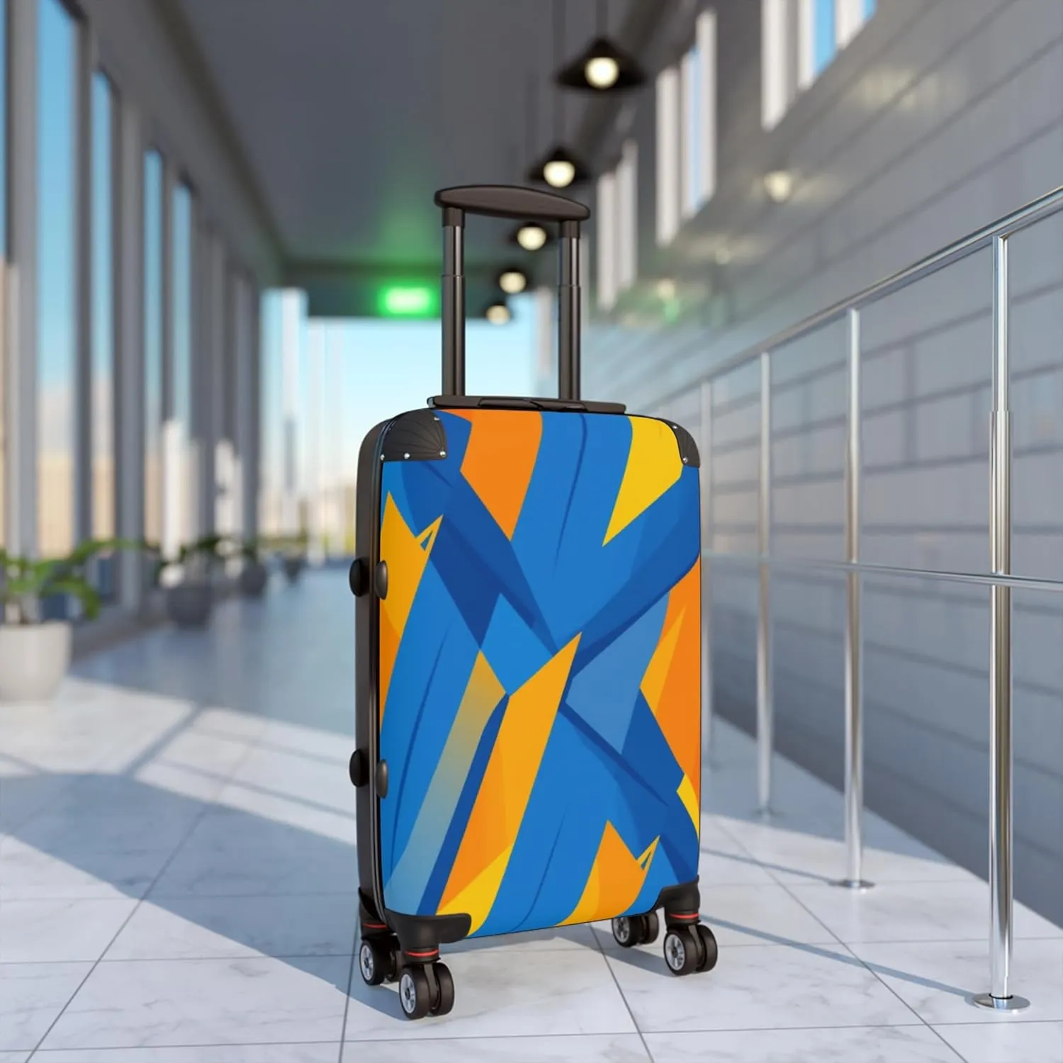 Abstract Geometric Carry-On Suitcase  Modern Blue & Orange Design  Spinner Travel Luggage with TSA Lock