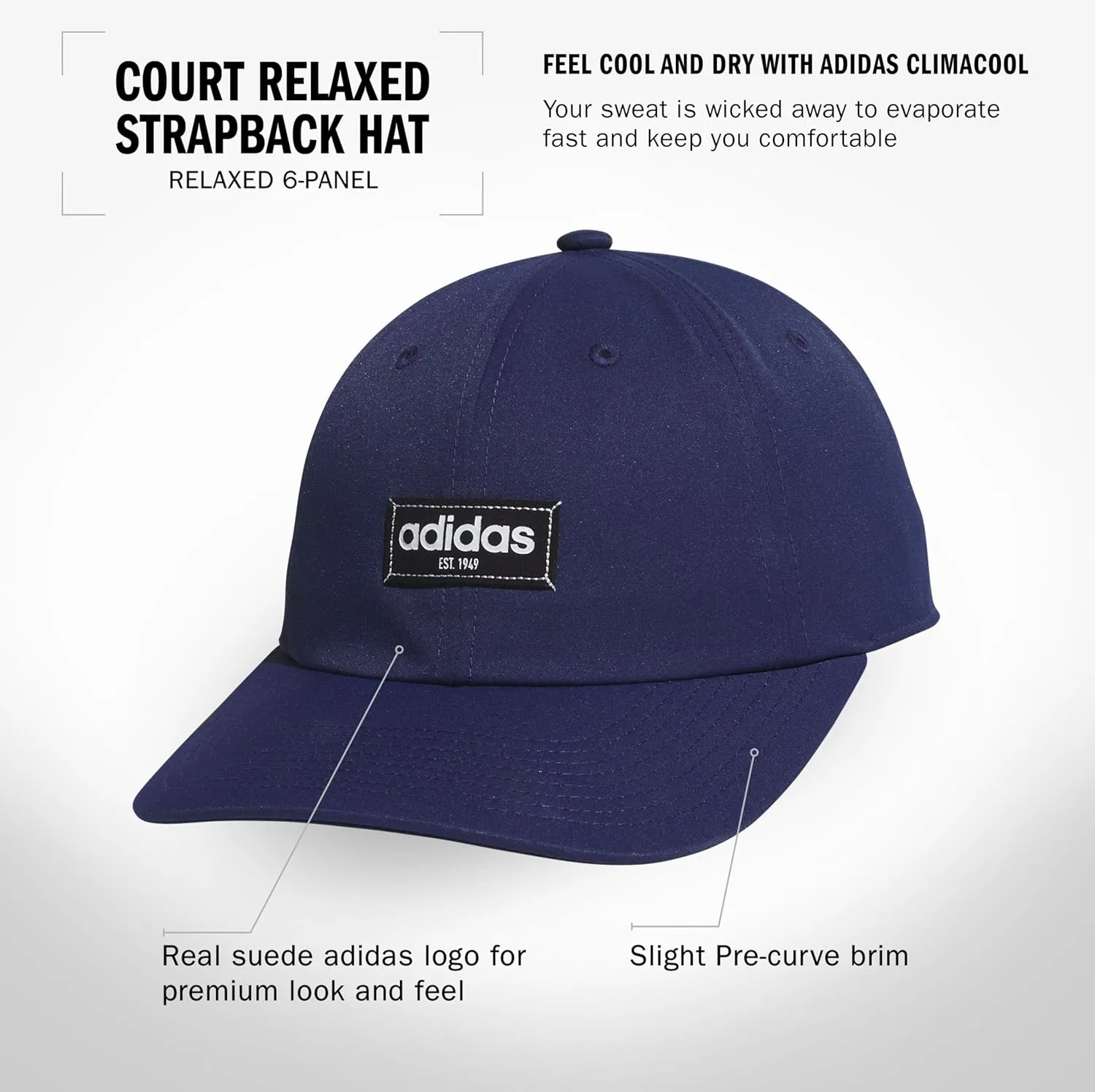 adidas Men's Court Slight Pre Curve Brim Relaxed Crown Strapback Retro Style Hat