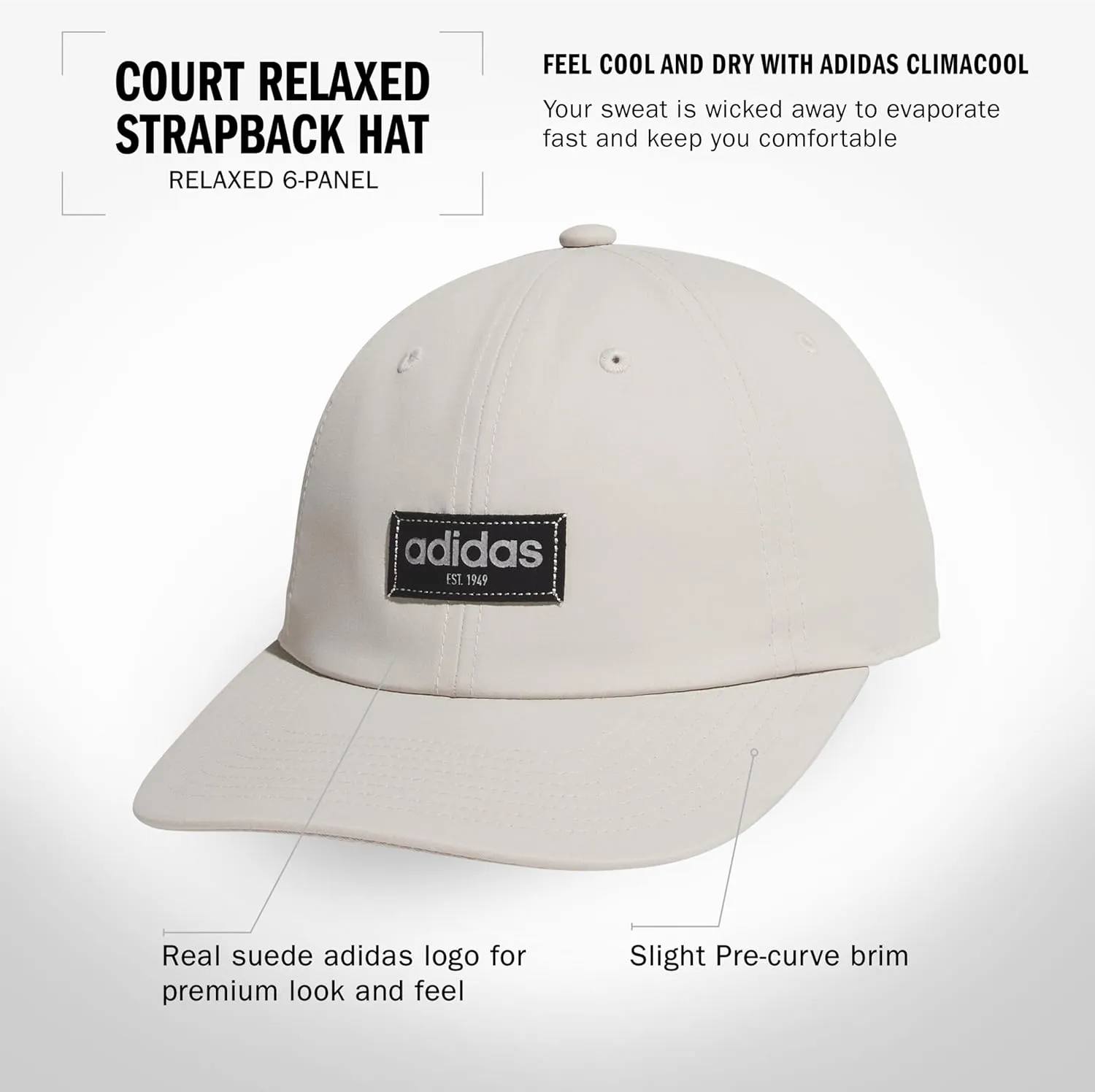adidas Men's Court Slight Pre Curve Brim Relaxed Crown Strapback Retro Style Hat
