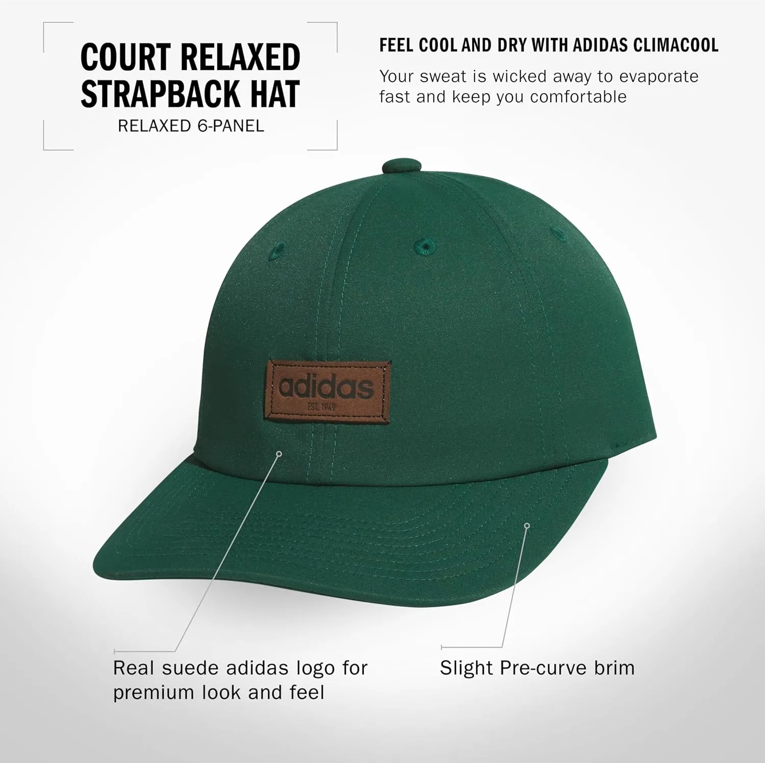 adidas Men's Court Slight Pre Curve Brim Relaxed Crown Strapback Retro Style Hat