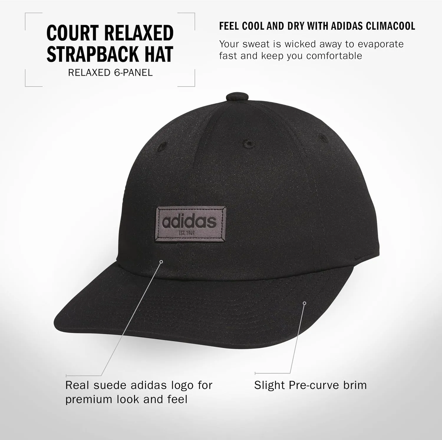 adidas Men's Court Slight Pre Curve Brim Relaxed Crown Strapback Retro Style Hat