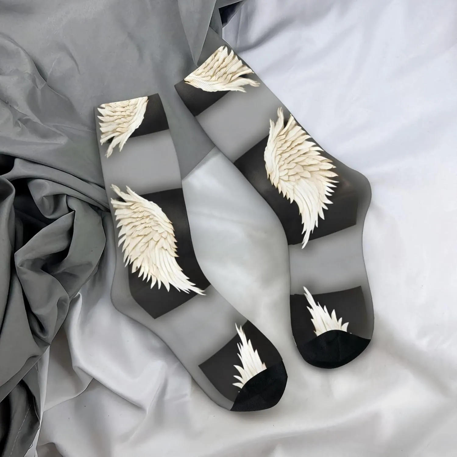 Angel Feathers Print Fun Contrast Socks,Novel Crazy Cool Socks,Pattern Funky Novelty Socks,Unisex Bulk Socks
