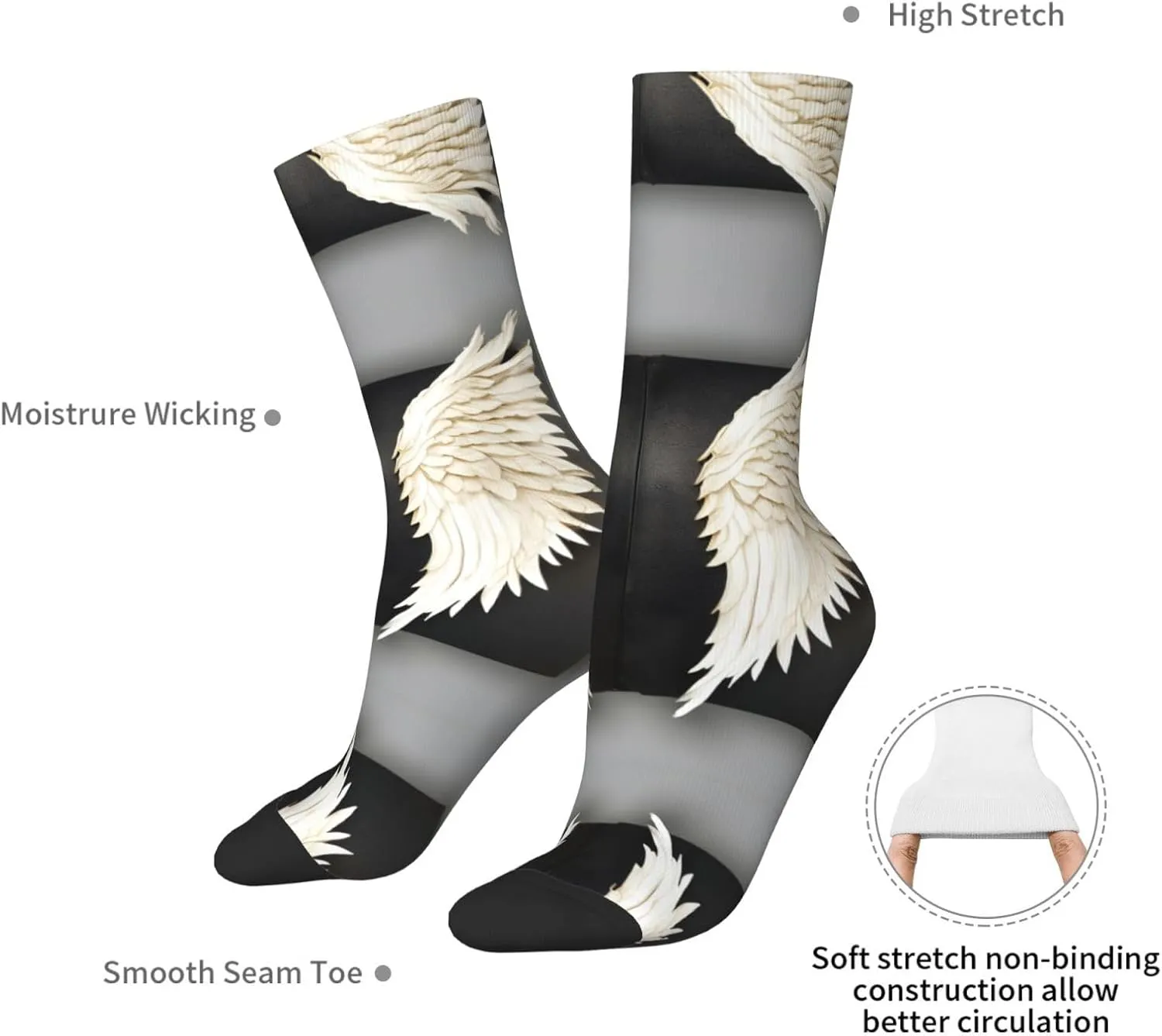 Angel Feathers Print Fun Contrast Socks,Novel Crazy Cool Socks,Pattern Funky Novelty Socks,Unisex Bulk Socks
