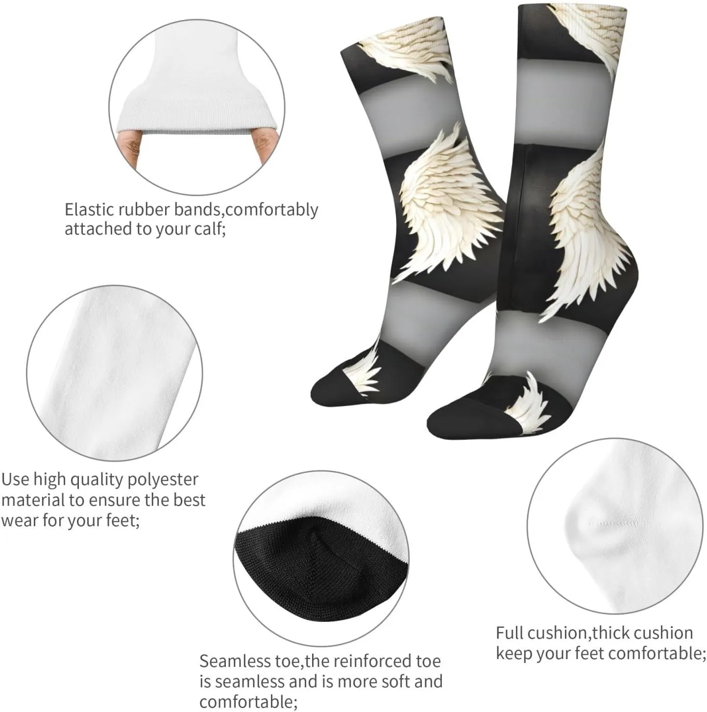 Angel Feathers Print Fun Contrast Socks,Novel Crazy Cool Socks,Pattern Funky Novelty Socks,Unisex Bulk Socks