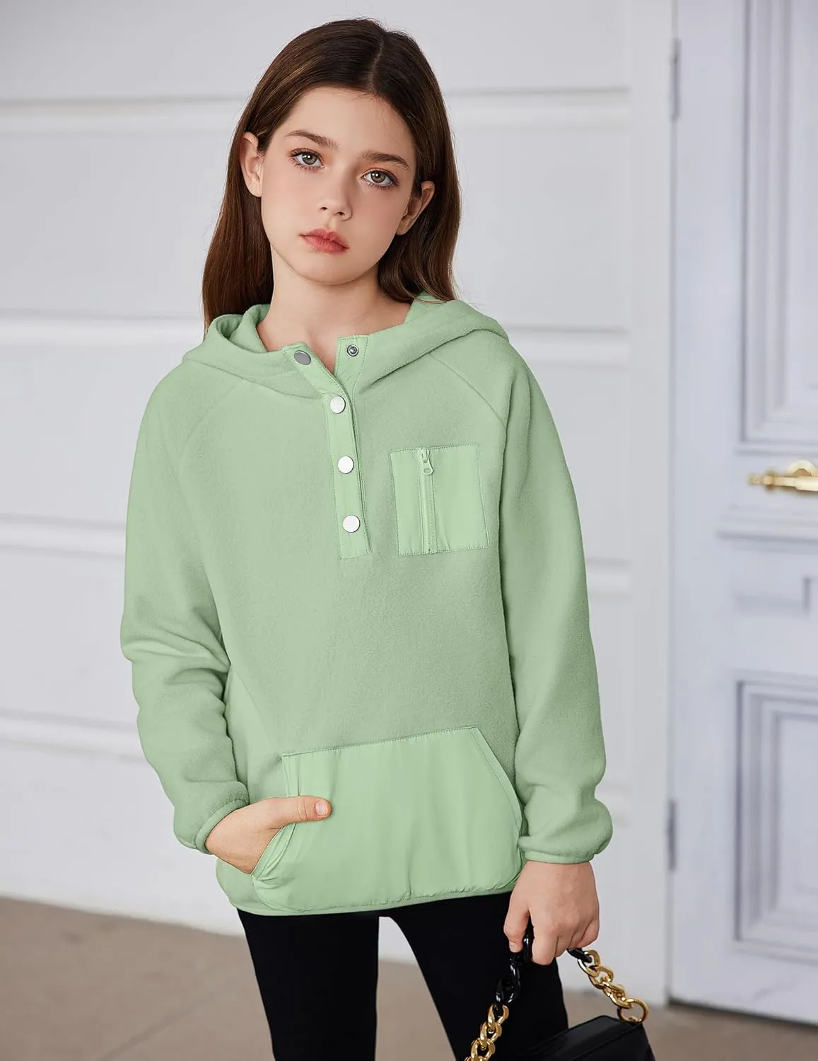 Arshiner Girls Fleece Pullover Hooded Sweatshirt Colorblock Sherpa Hoodie for Teen Girl Winter Button Jacket Coat with Pocket