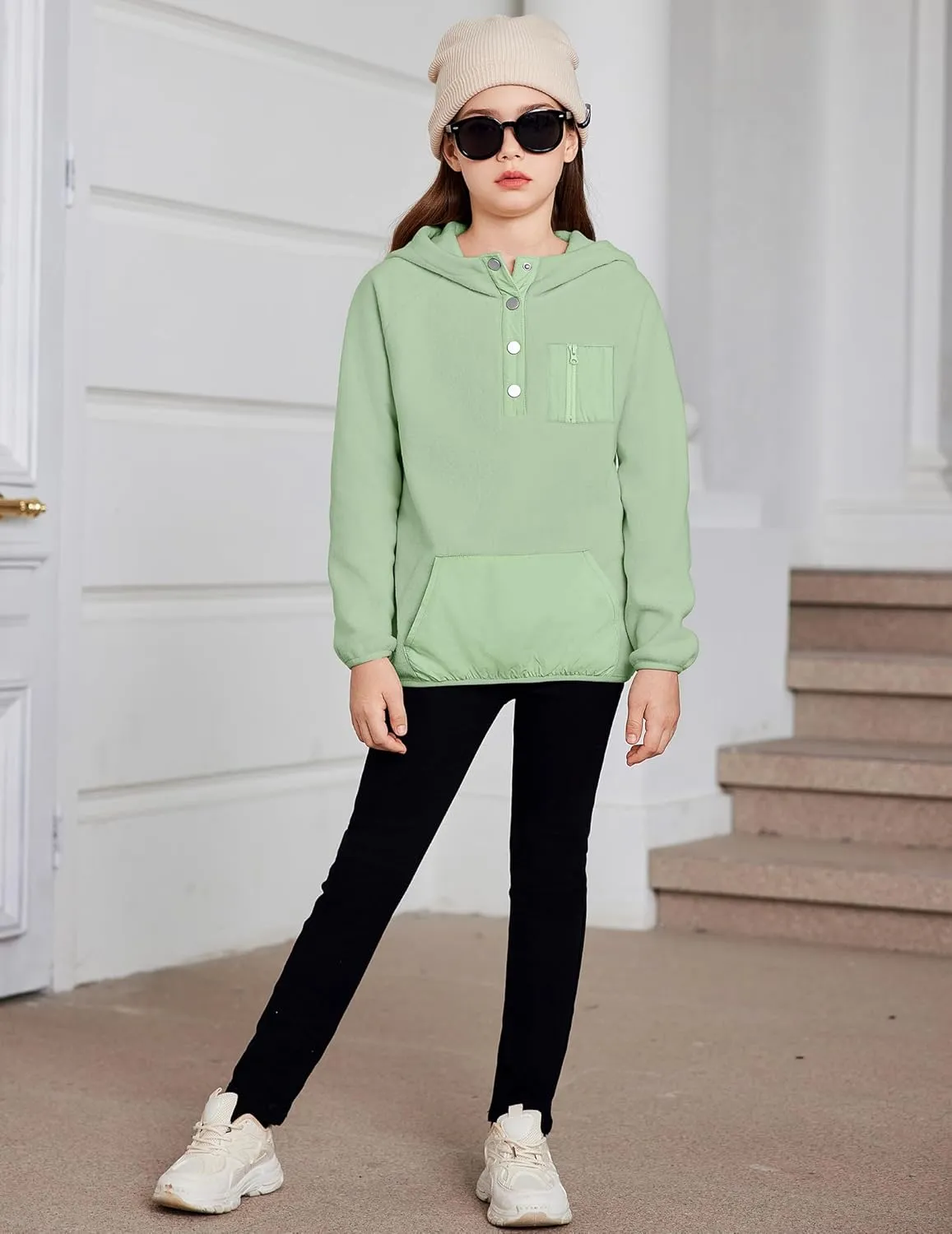 Arshiner Girls Fleece Pullover Hooded Sweatshirt Colorblock Sherpa Hoodie for Teen Girl Winter Button Jacket Coat with Pocket