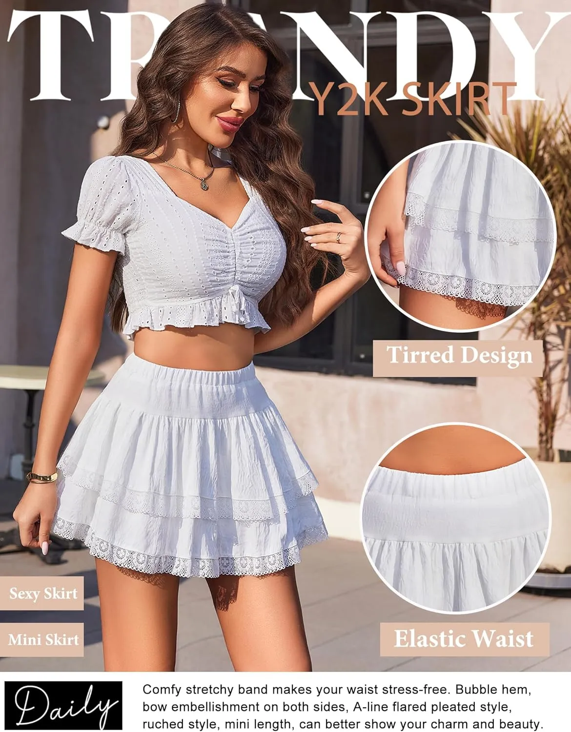 Avidlove Women's Mini Skirt Basic High Waisted Tiered Ruffles Short Lace Hem Cute Lingerie Skirts S-XXL