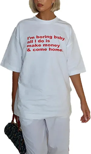 BAIMORE Women's Y2k Crew Neck Letters Print Tunic Oversized Short Sleeve T Shirt