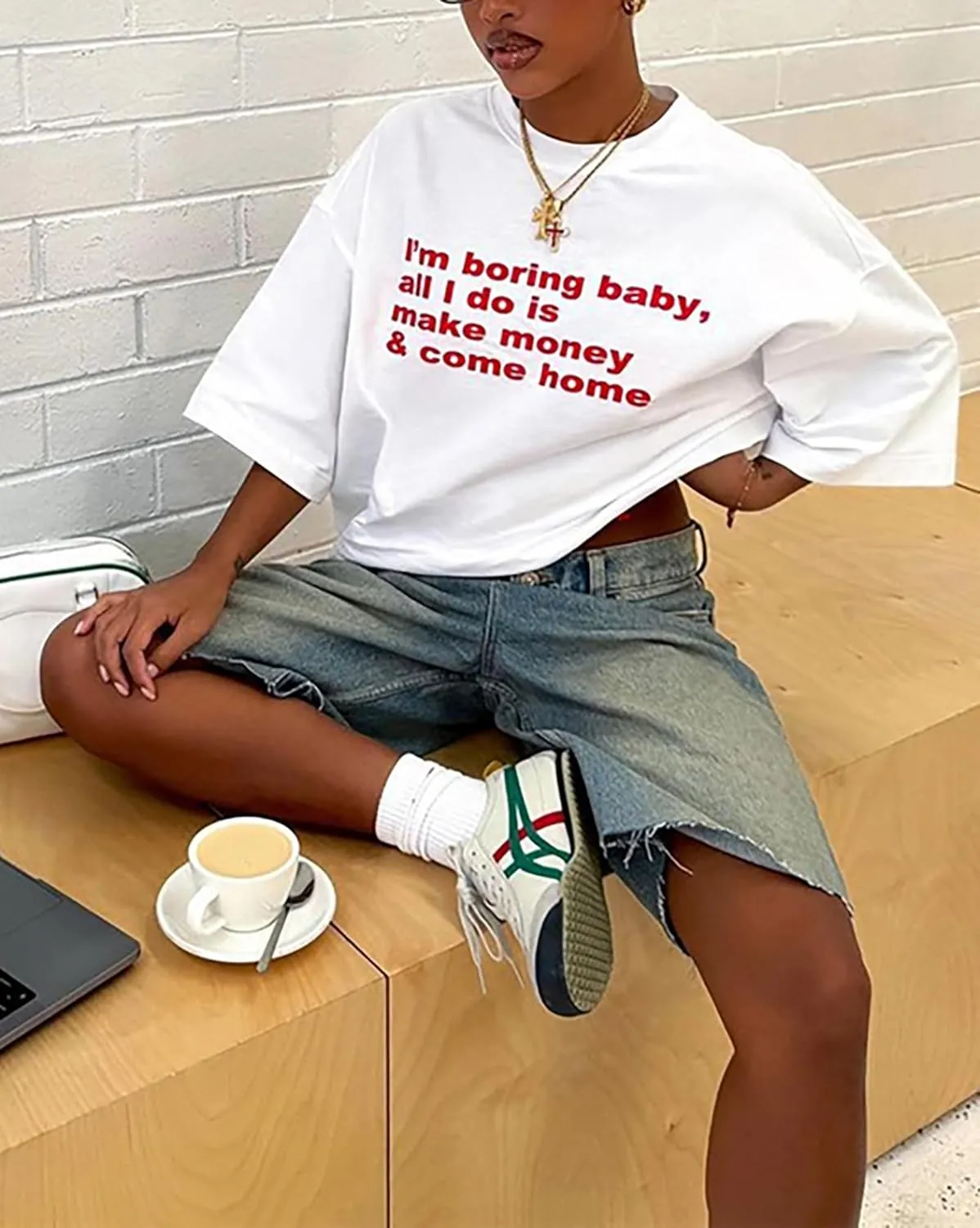 BAIMORE Women's Y2k Crew Neck Letters Print Tunic Oversized Short Sleeve T Shirt