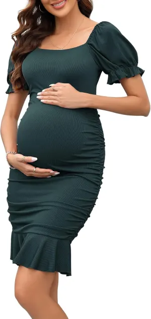 BeautyNee Women's Short Puff Sleeve Maternity Dress Summer Square Neck Ruffle Hem Smocked Bodycon Dress for Baby Shower