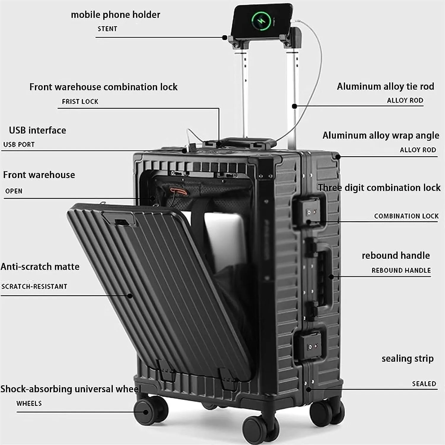 BKEKM Carry On Luggage Large Capacity Carry-on Luggage Usb Charging Suitcase 24 Inch Luggage Pc Hard Case Suitcases Front Opening Trolley Luggage Lightweight
