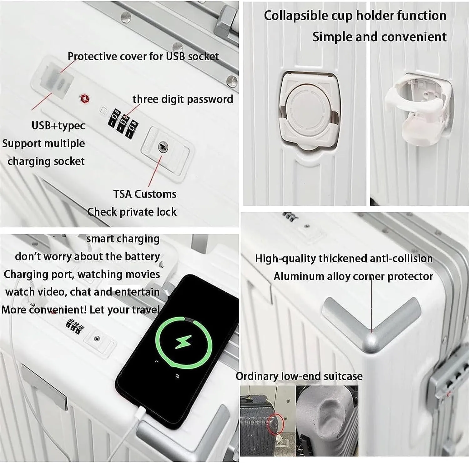 BKEKM Carry On Luggage Large Capacity Carry-on Luggage Usb Charging Suitcase 24 Inch Luggage Pc Hard Case Suitcases Front Opening Trolley Luggage Lightweight