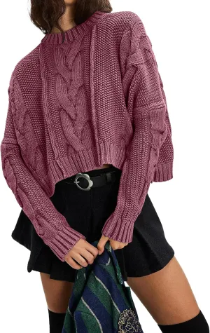 Cable Knit Cropped Sweater for Women Crew Neck Long Sleeve Chunky Pullover Loose Fall Winter Outfit