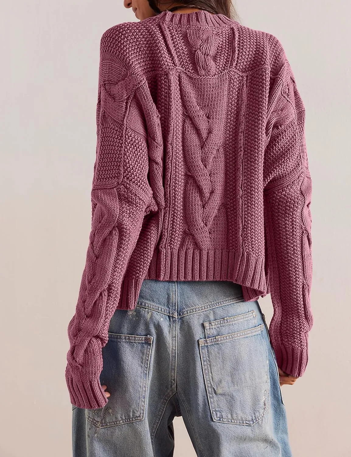 Cable Knit Cropped Sweater for Women Crew Neck Long Sleeve Chunky Pullover Loose Fall Winter Outfit