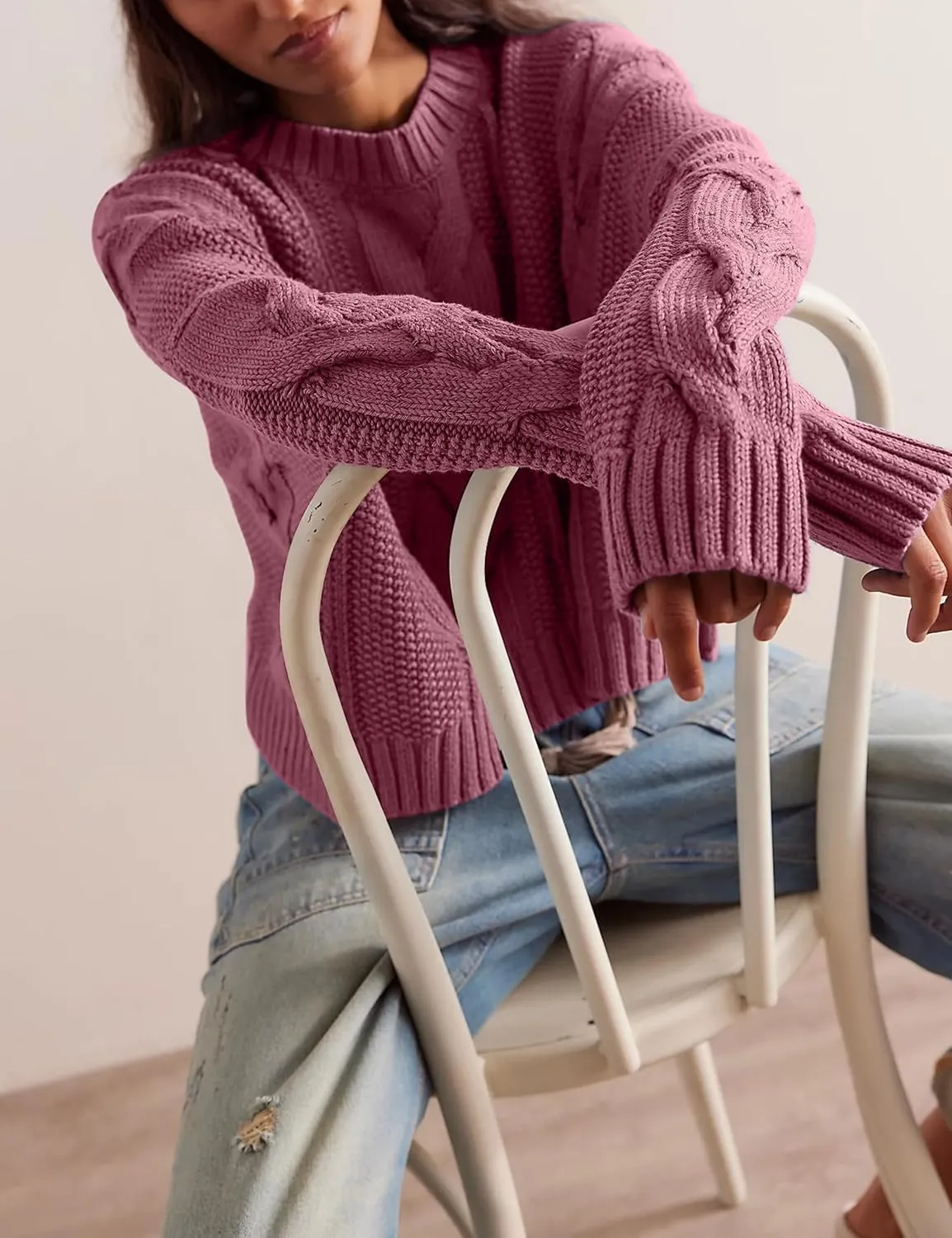 Cable Knit Cropped Sweater for Women Crew Neck Long Sleeve Chunky Pullover Loose Fall Winter Outfit