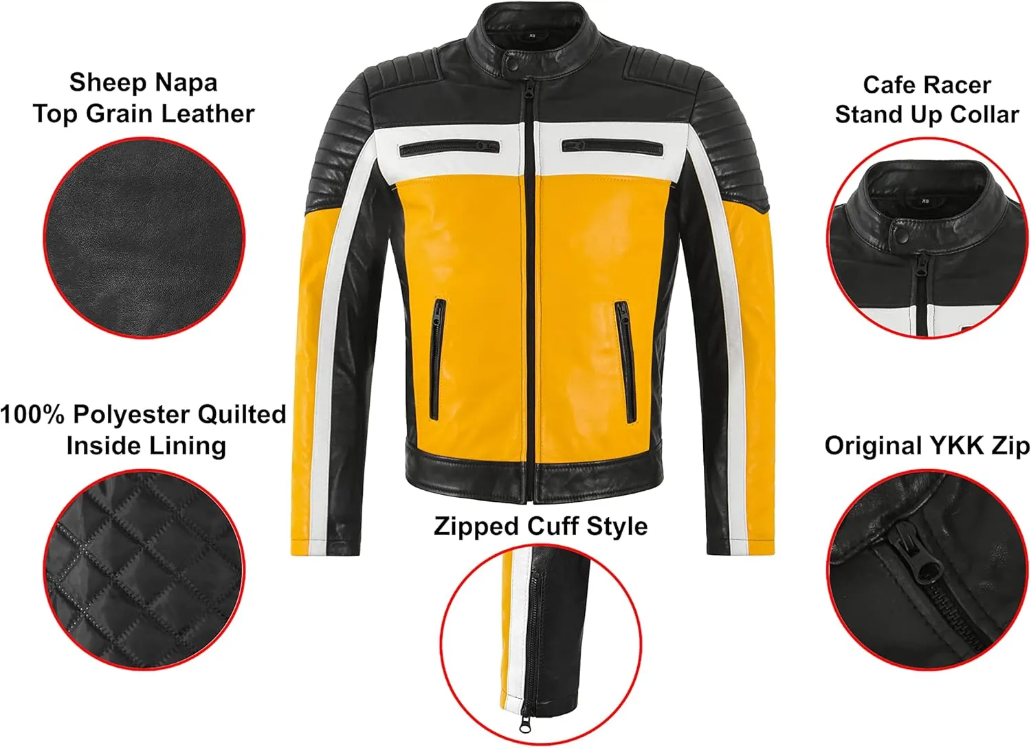 Cafe Racer Men's Biker Leather Jacket Black Yellow Retro Style Motocross Jacket 4288