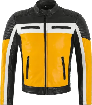 Cafe Racer Men's Biker Leather Jacket Black Yellow Retro Style Motocross Jacket 4288