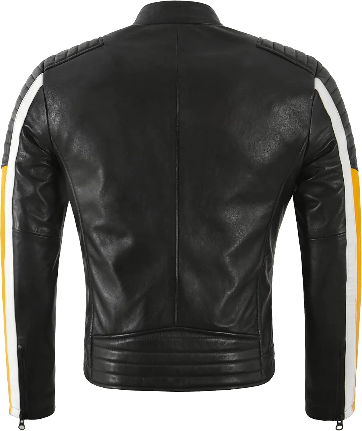 Cafe Racer Men's Biker Leather Jacket Black Yellow Retro Style Motocross Jacket 4288
