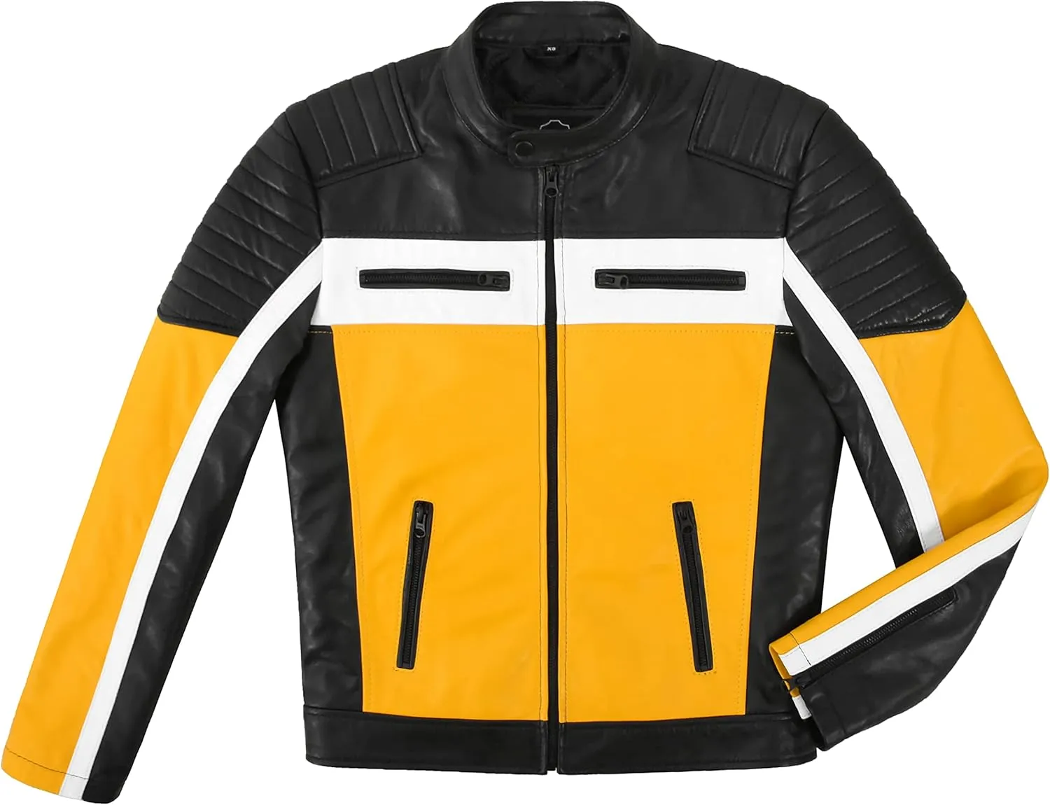 Cafe Racer Men's Biker Leather Jacket Black Yellow Retro Style Motocross Jacket 4288