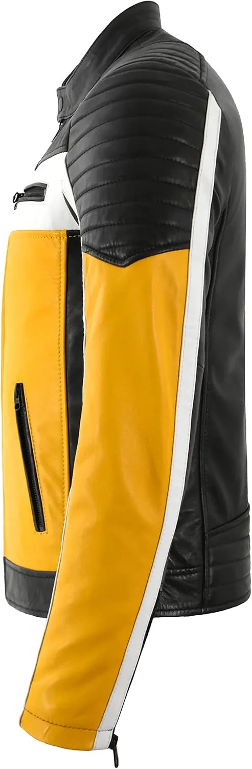 Cafe Racer Men's Biker Leather Jacket Black Yellow Retro Style Motocross Jacket 4288