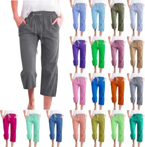 Capri Pants for Women Casual Cotton Linen Pant Summer Drawstring Elastic High Waist Straight Wide Leg Trouser