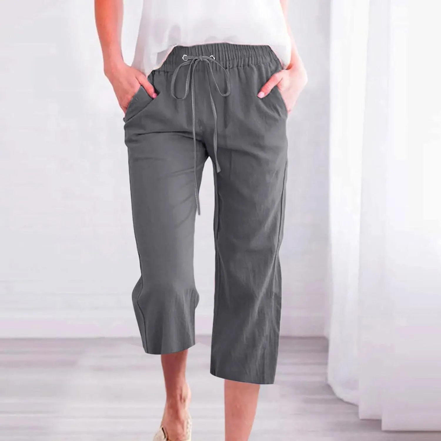 Capri Pants for Women Casual Cotton Linen Pant Summer Drawstring Elastic High Waist Straight Wide Leg Trouser