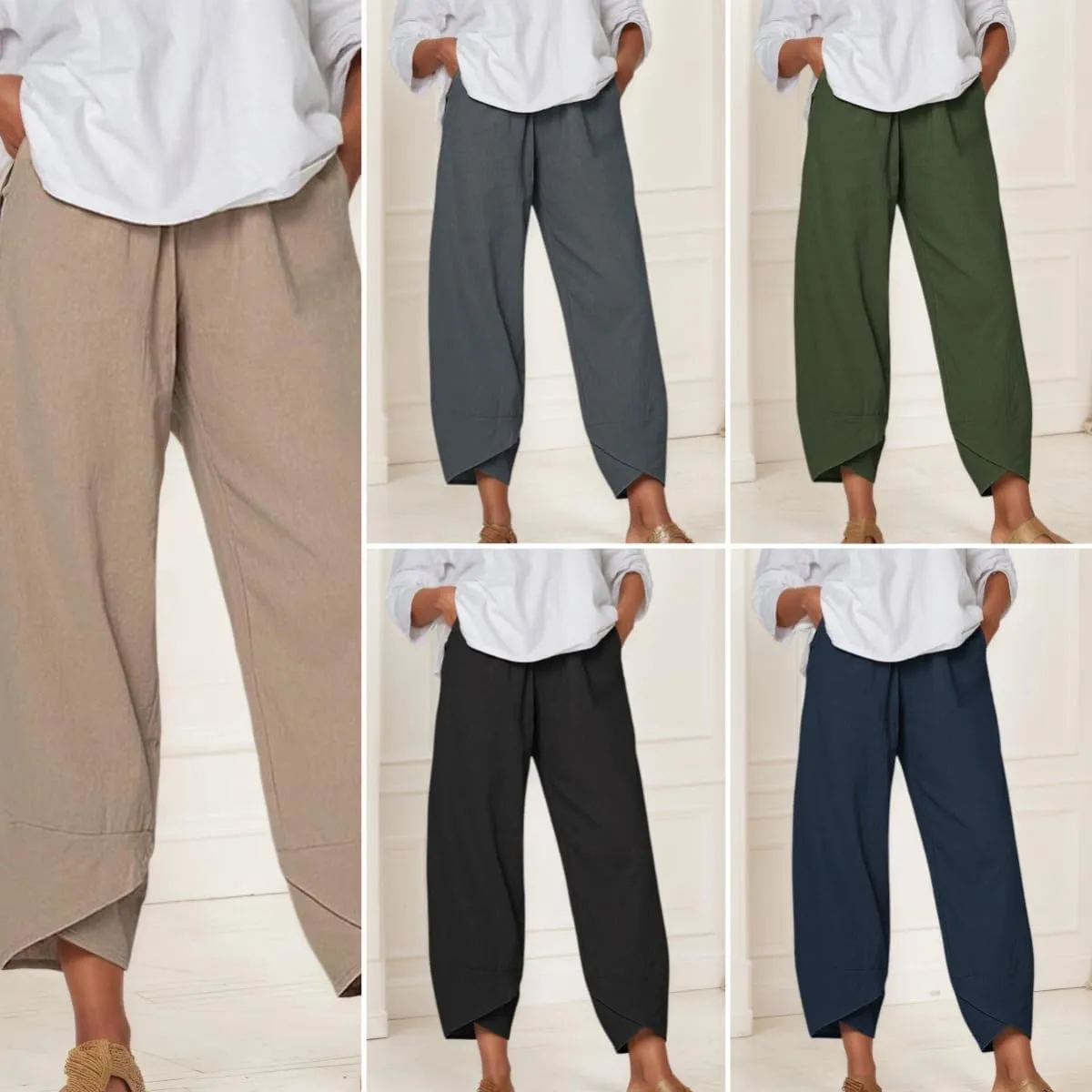 Capris Pants for Women Cotton Linen Baggy Wide Leg Pants Casual Elastic Waisted Palazzo Plus Size Pants with Pockets