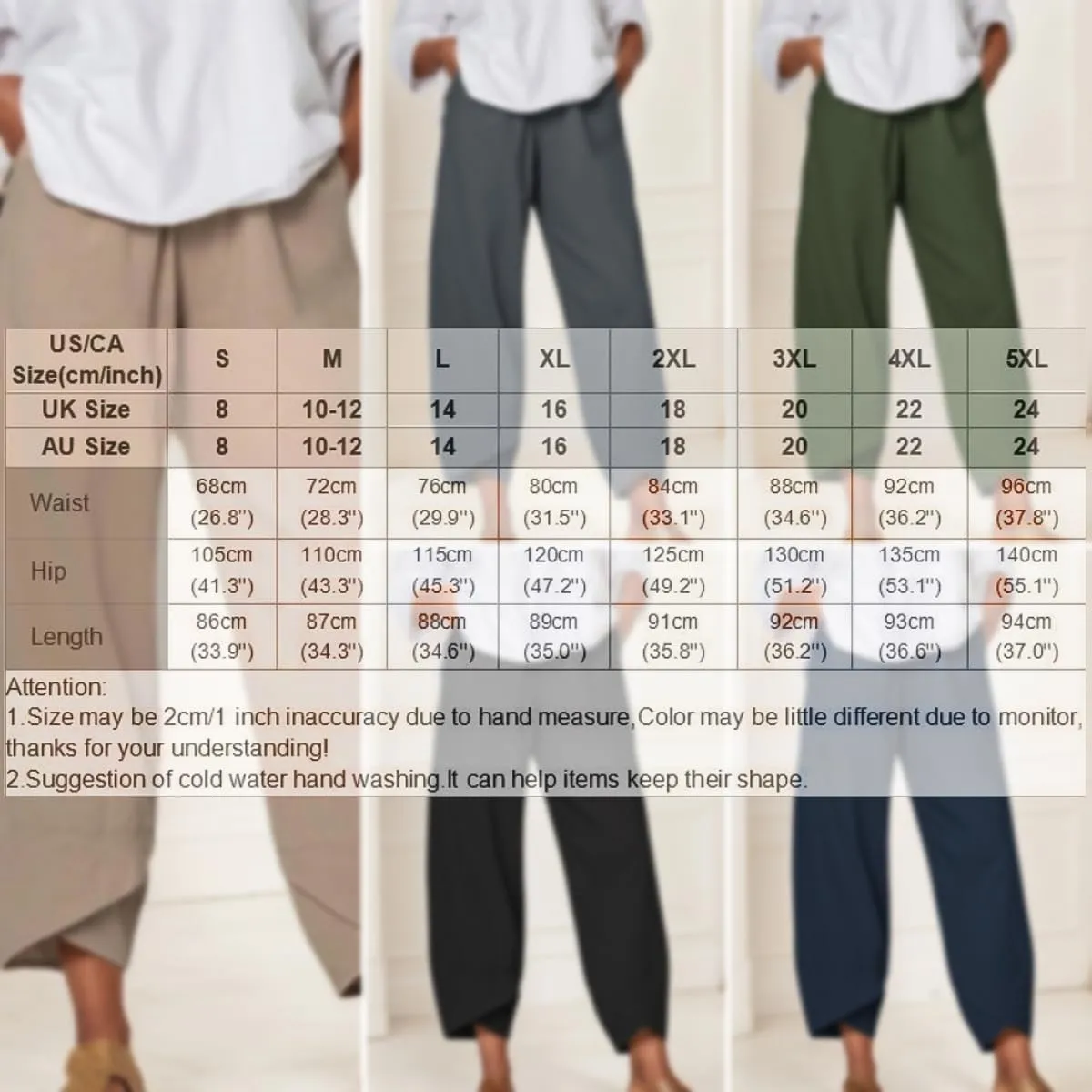 Capris Pants for Women Cotton Linen Baggy Wide Leg Pants Casual Elastic Waisted Palazzo Plus Size Pants with Pockets