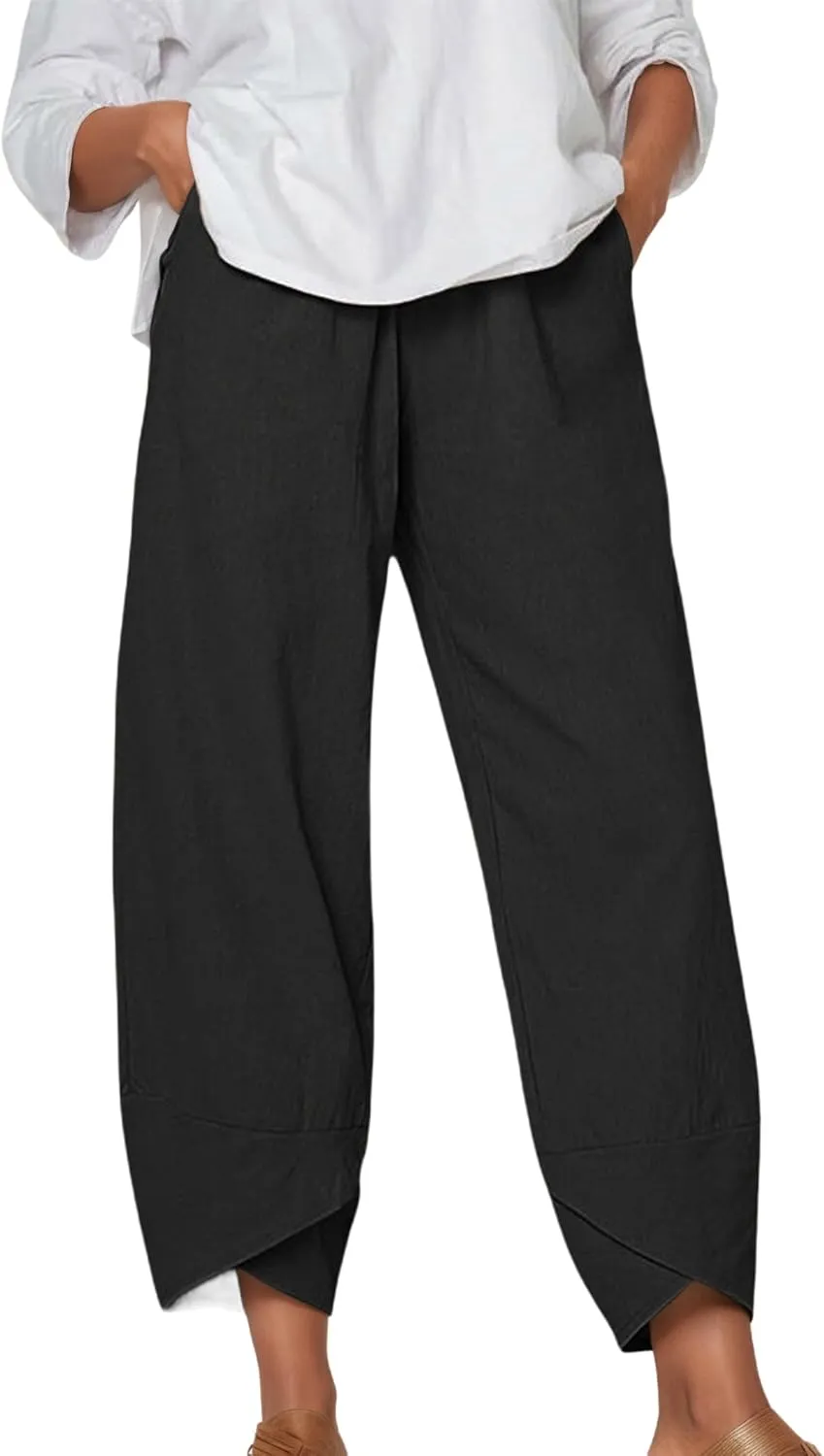 Capris Pants for Women Cotton Linen Baggy Wide Leg Pants Casual Elastic Waisted Palazzo Plus Size Pants with Pockets