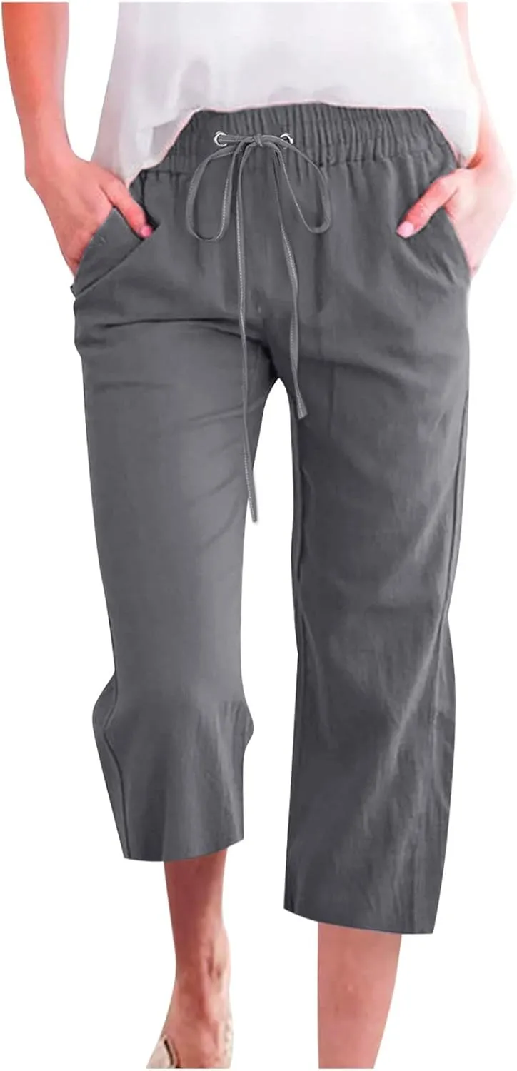 Capris Pants for Women Cotton Plus Size Linen Pants Wide Leg Capri Pants for Women Casual Summer Pants with Pockets