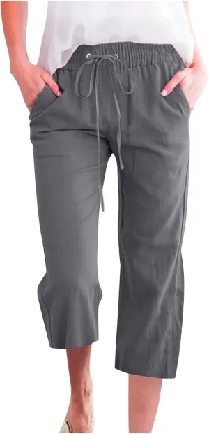 Capris Pants for Women Cotton Plus Size Linen Pants Wide Leg Capri Pants for Women Casual Summer Pants with Pockets