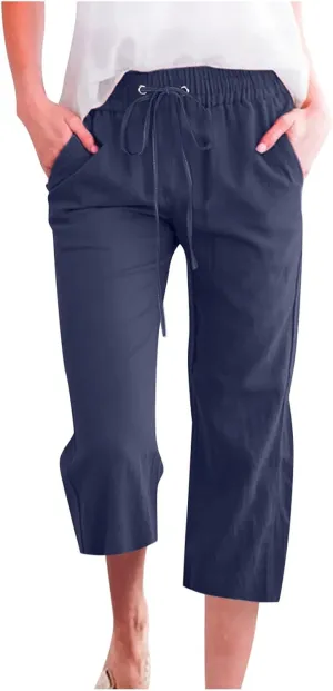 Capris Pants for Women Summer Casual Cropped Cotton Linen Pants Comfy Drawstring Elastic Waist Loose Straight Leg Trousers