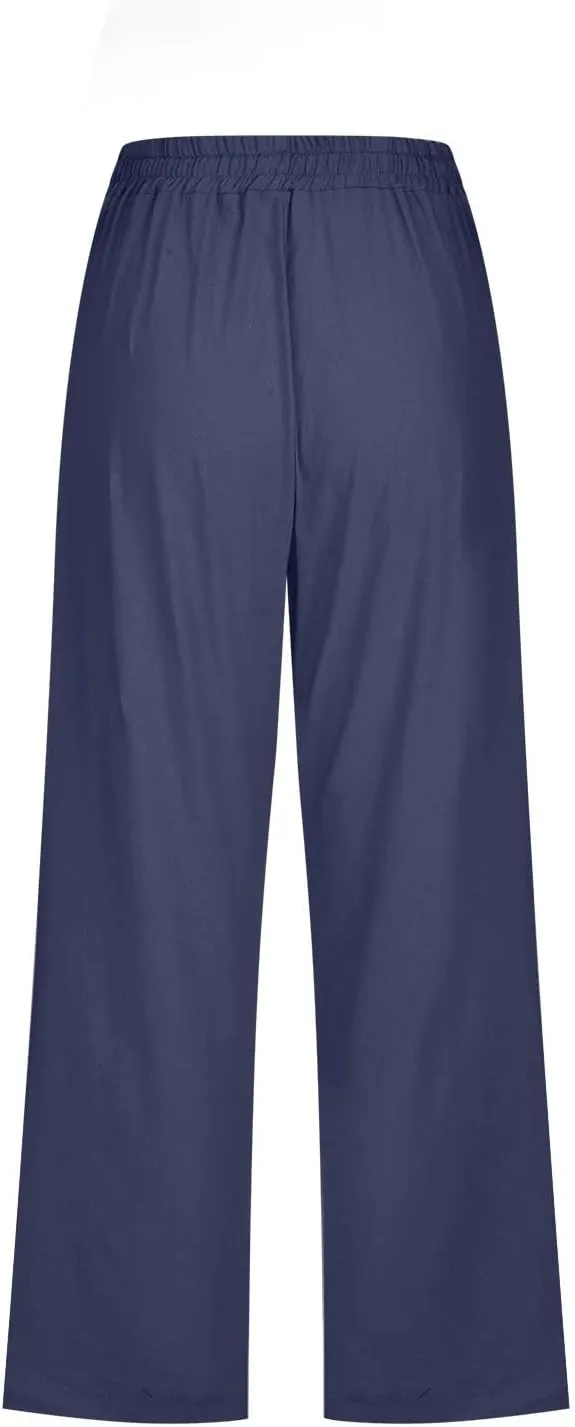 Capris Pants for Women Summer Casual Cropped Cotton Linen Pants Comfy Drawstring Elastic Waist Loose Straight Leg Trousers