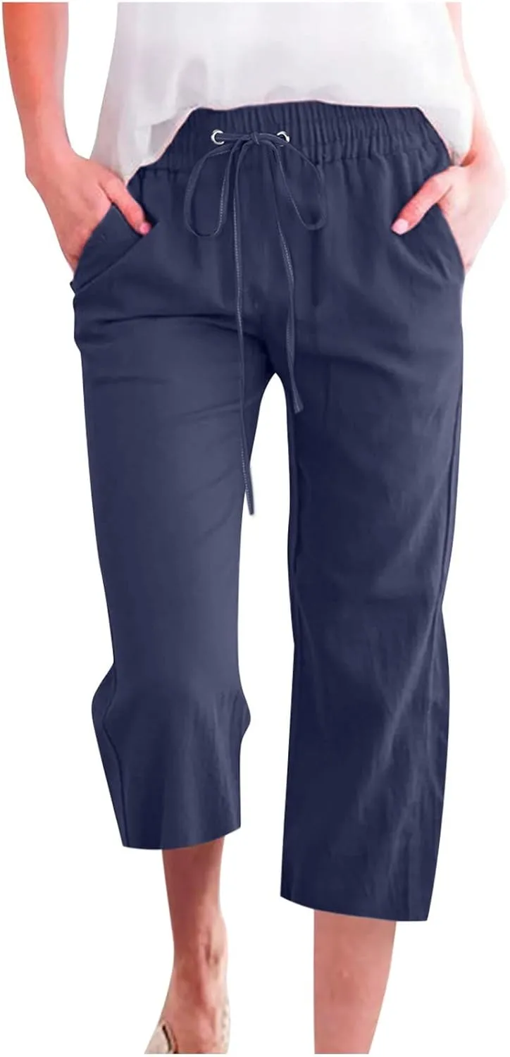 Capris Pants for Women Summer Casual Cropped Cotton Linen Pants Comfy Drawstring Elastic Waist Loose Straight Leg Trousers