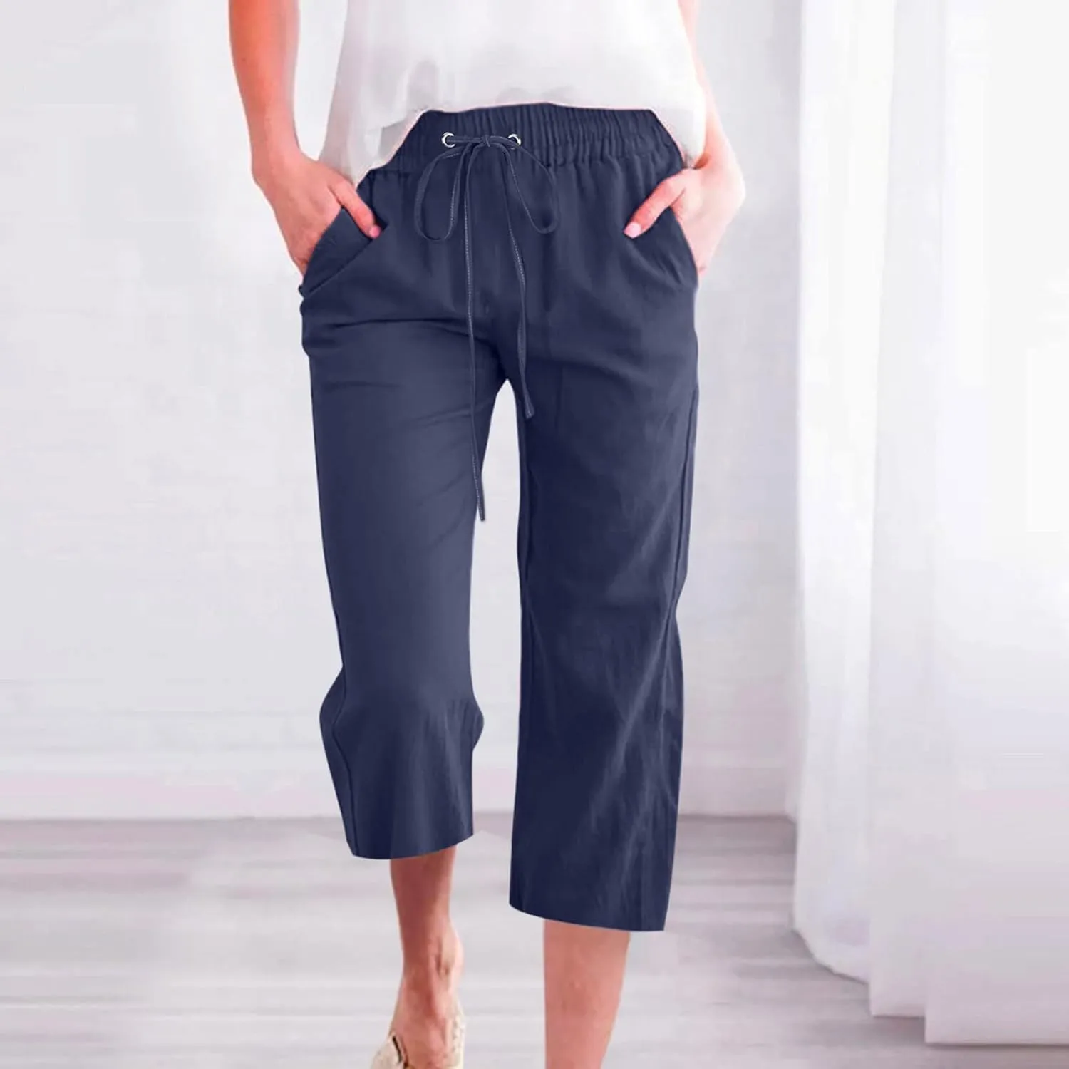 Capris Pants for Women Summer Casual Cropped Cotton Linen Pants Comfy Drawstring Elastic Waist Loose Straight Leg Trousers