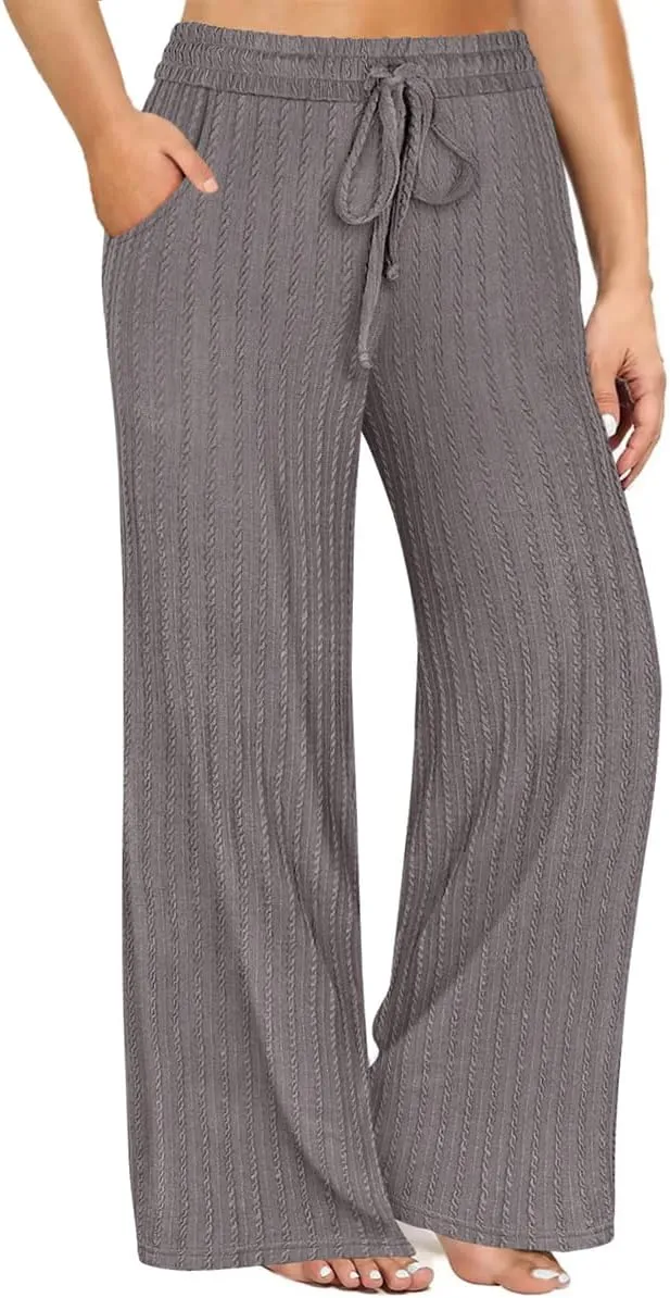 CARCOS Plus Size Pants for Women Cable Knit Lounge Pants Elastic High Waist Palazzo Pants Casual Wide Leg Pants with Pockets