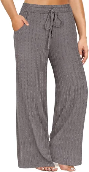 CARCOS Plus Size Pants for Women Cable Knit Lounge Pants Elastic High Waist Palazzo Pants Casual Wide Leg Pants with Pockets